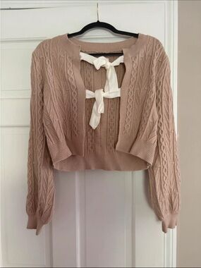 Amazon Blush Tie-Front Cable Knit Cropped Sweater